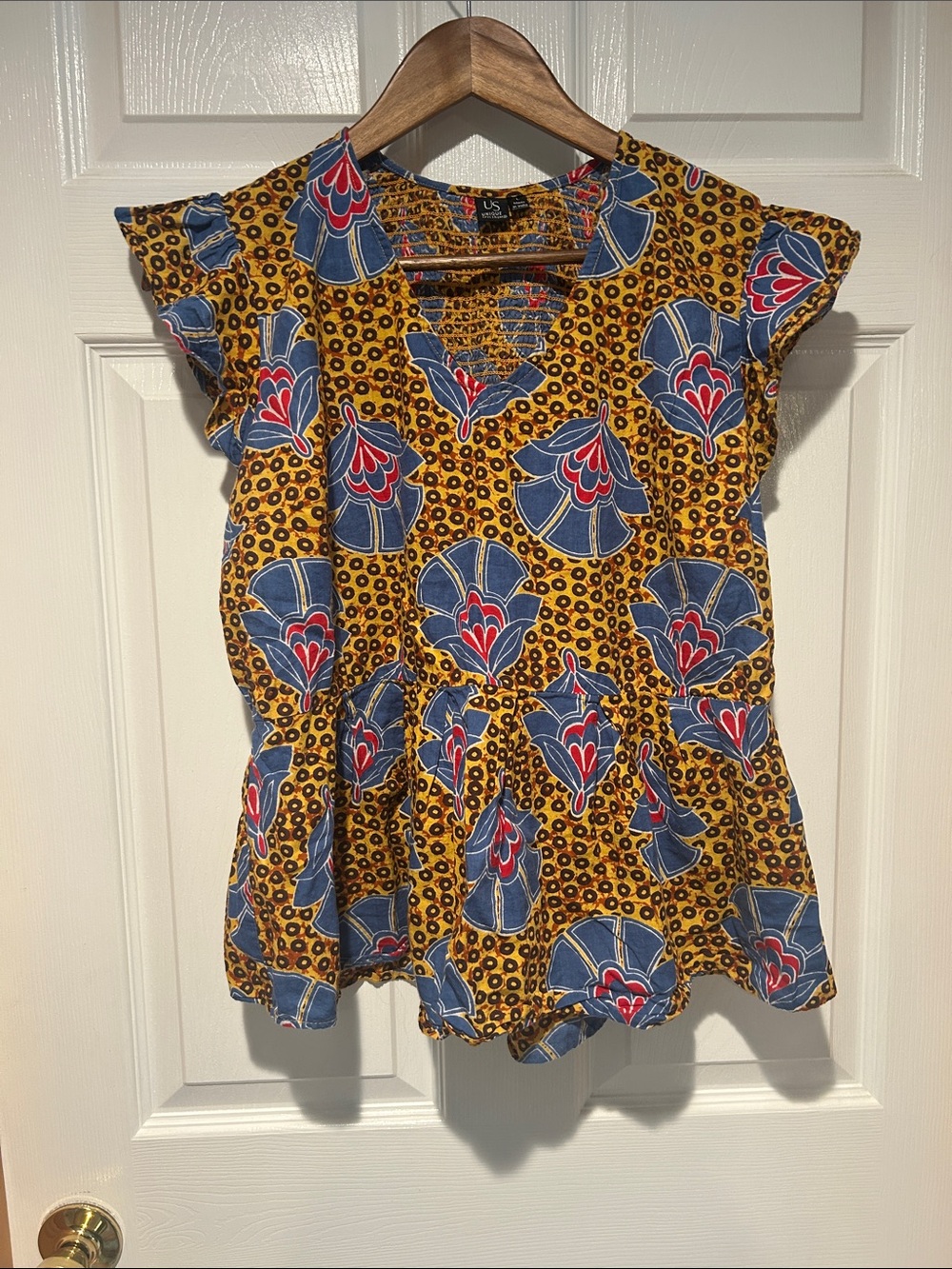 Unique Spectrum Mustard Yellow Blue Red Floral Peplum Blouse